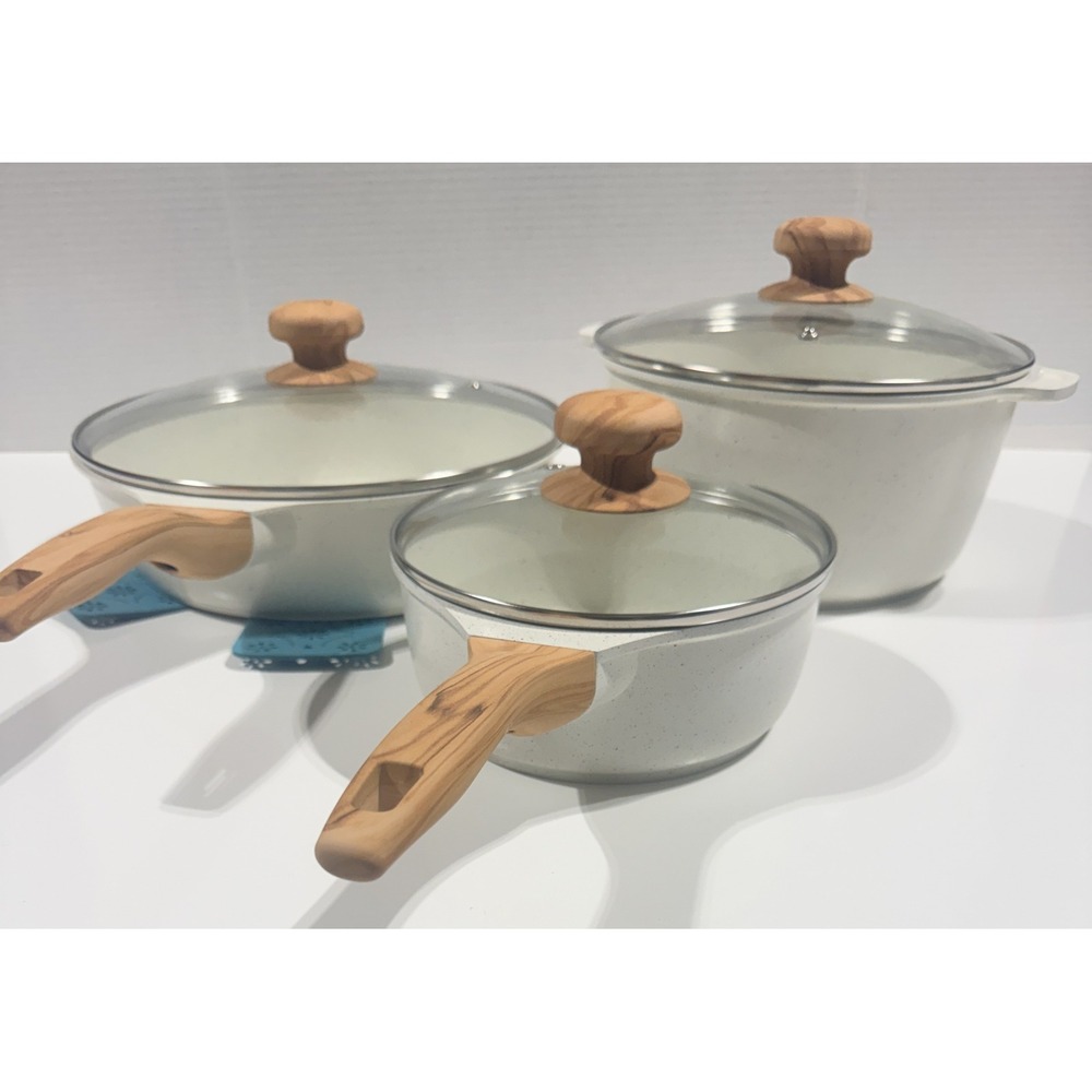 THE PIONEER WOMAN Cookware Set - Cream Speckle Wood Handles 6pc Set - NEW